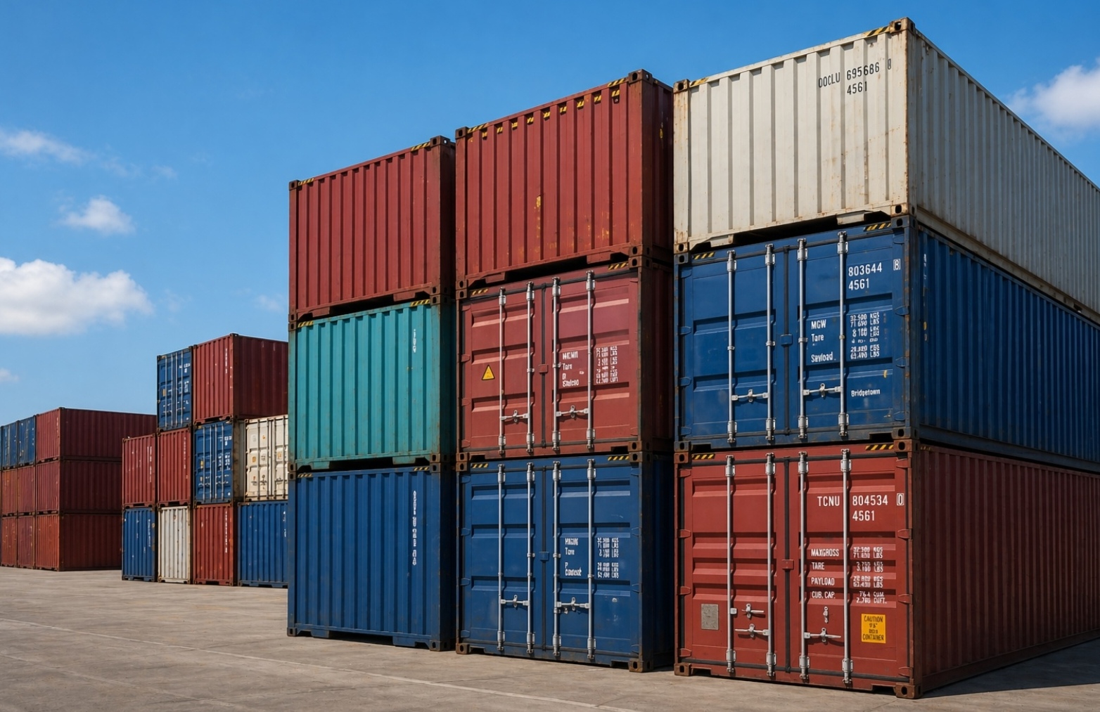 Stacked shipping containers in container yard used for bulk logistics and global freight transport 