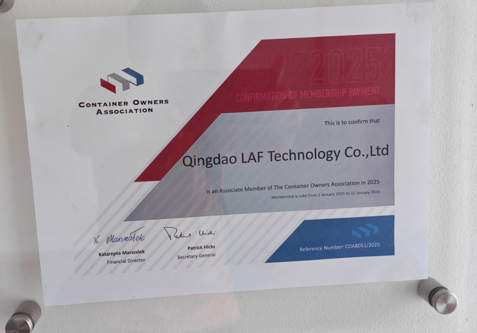 Container Owners Association Membership Certificate for Qingdao LAF Technology Co., Ltd.