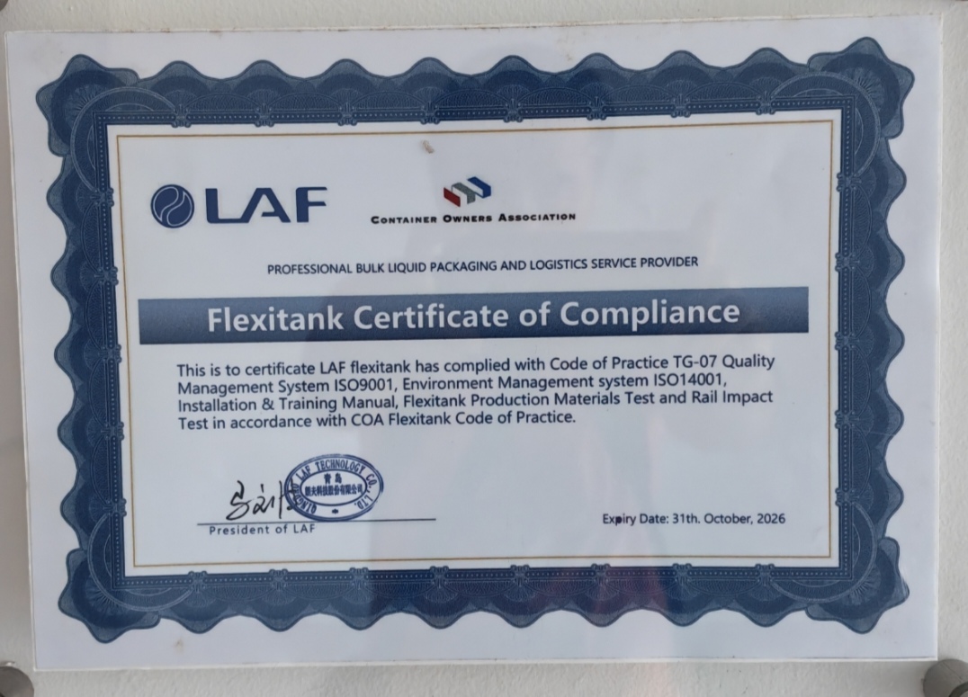 LAF Flexitank Certificate of Compliance